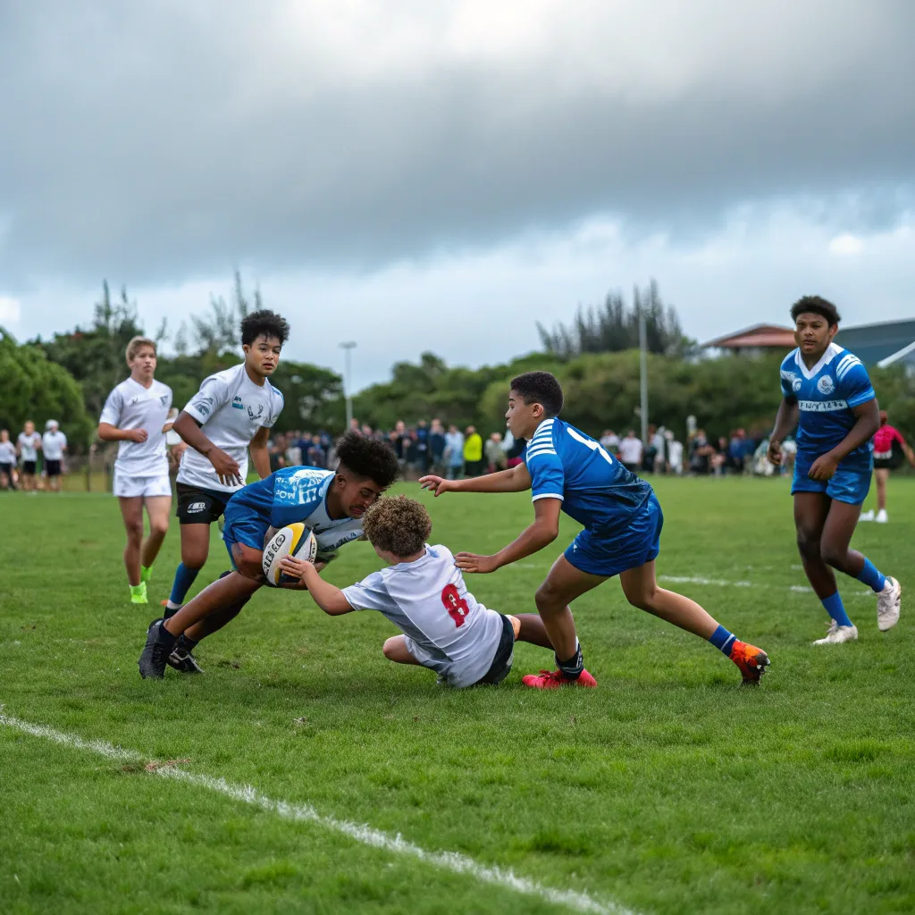 Young athletes playing rugby on a field